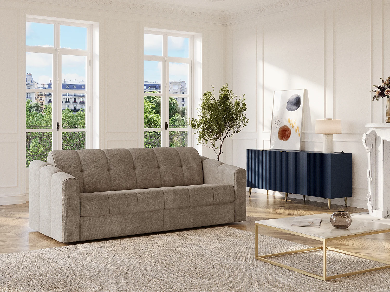 Kanapa 3-osobowa rozkładana typu express z tkaniny teksturowanej taupe - Powierzchnia spania na szerokich listwach 140 cm - Materac 18 cm - DARIELO 4210856 - obrazek 1