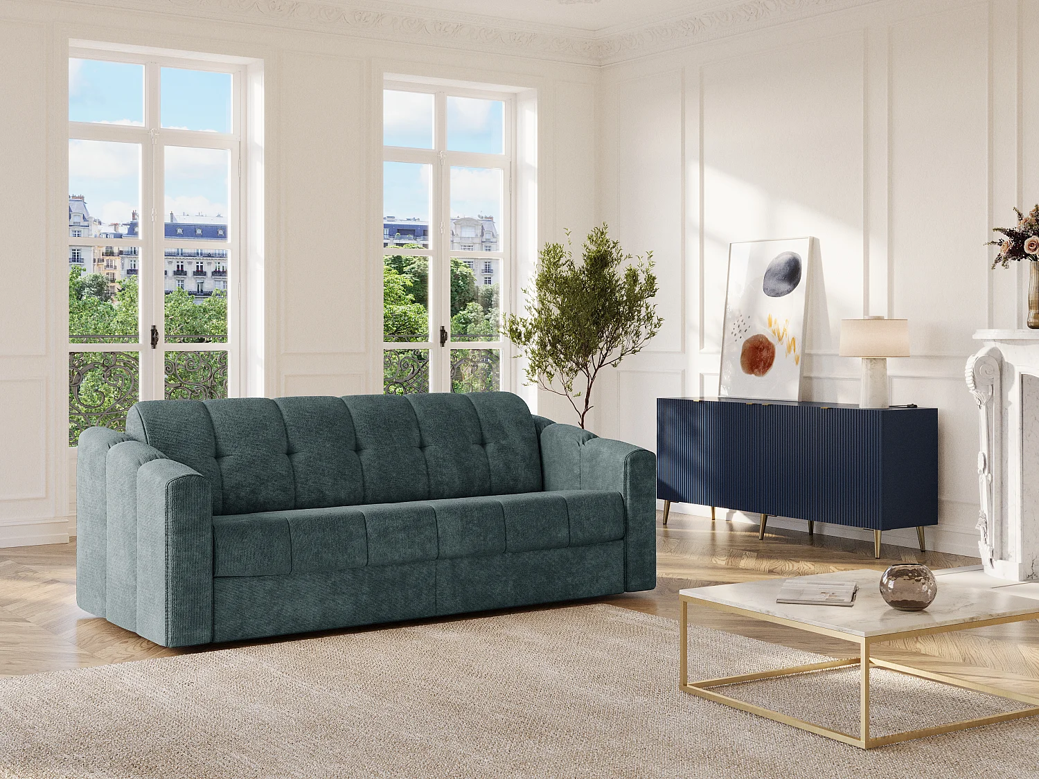 Kanapa 3-osobowa rozkładana typu express z tkaniny teksturowanej w kolorze kaczej zieleni - Stelaż z szerokimi listwami 140 cm - Materac 18 cm - DARIELO 4210844 - obrazek 1