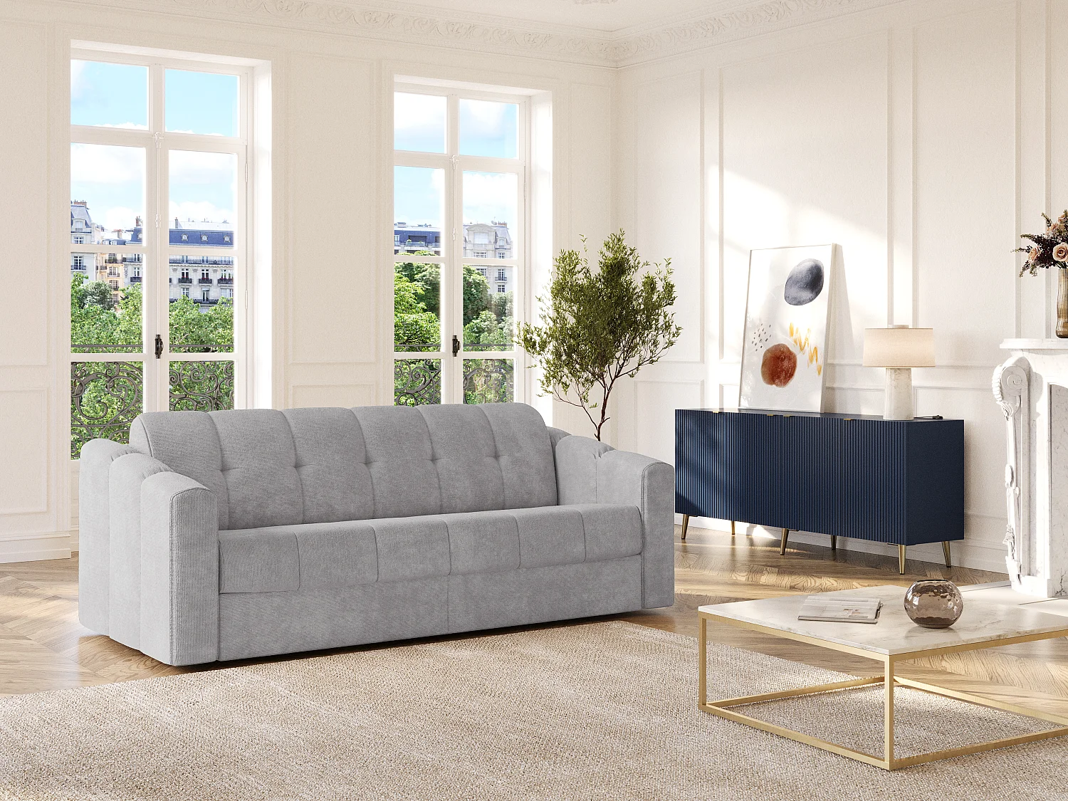Kanapa 3-osobowa rozkładana typu express z jasnej szarej tkaniny teksturowanej - Powierzchnia spania na szerokich listwach 140 cm - Materac 18 cm - DARIELO 4210830 - obrazek 1