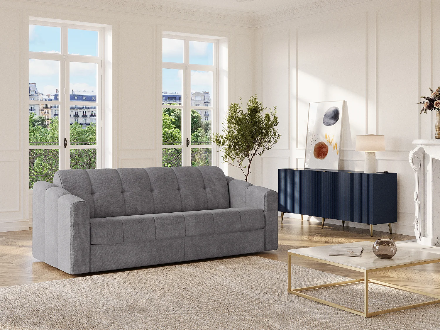 Kanapa 3-osobowa rozkładana typu express z szarej tkaniny teksturowanej - Powierzchnia spania na szerokich listwach140 cm - Materac 14 cm - DARIELO 4210818 - obrazek 1