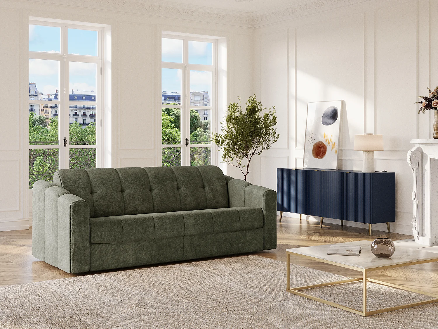 Kanapa 4-osobowa rozkładana z teksturowanej tkaniny w kolorze khaki - Powierzchnia spania 160 cm - Materac 18 cm - DARIELO 4210807 - obrazek 1