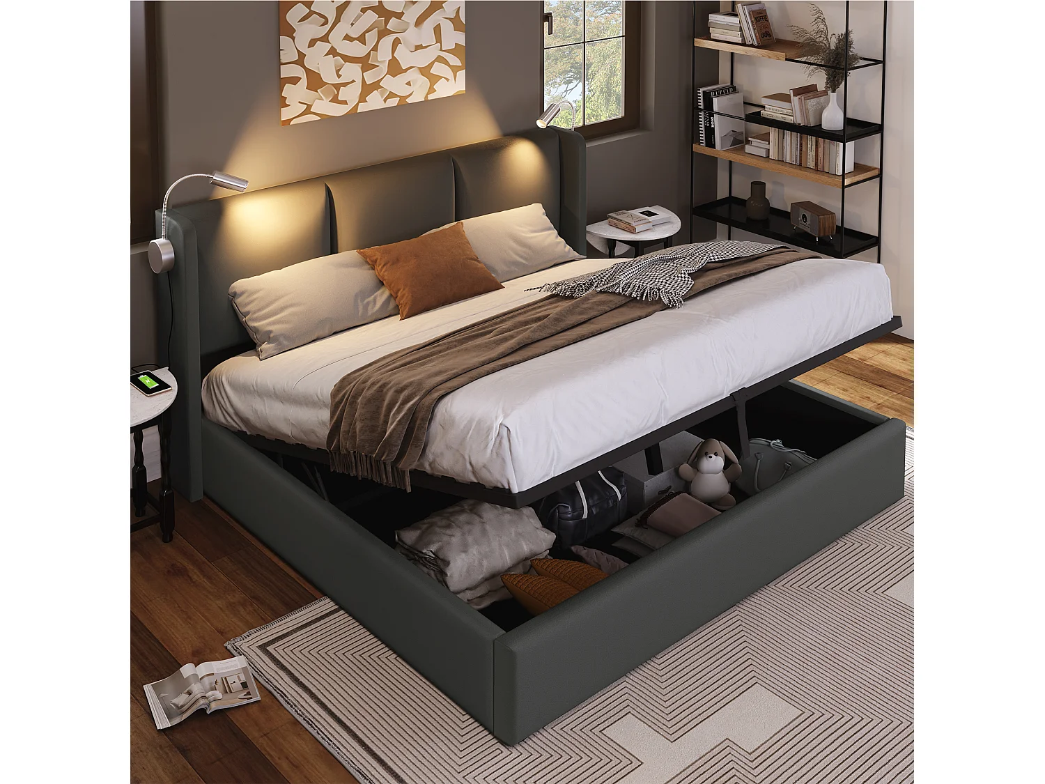 Łóżko ze schowkiem 160 x 200 cm z zagłówkiem - skóra ekologiczna - USB + lampka do czytania - szare 3039947 - obrazek 1