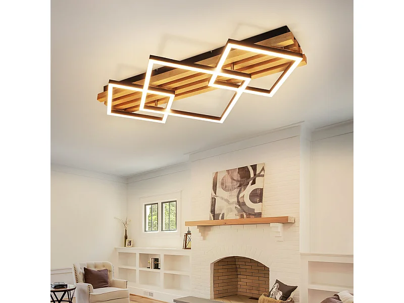 Drewniana lampa sufitowa LED NETTLIFE: 70 cm, ściemnialna, nowoczesna, 46 W, czarny kwadrat. Do salonu, sypialni, kuchni, przedpokoju, biura. 4361533 - obrazek 1