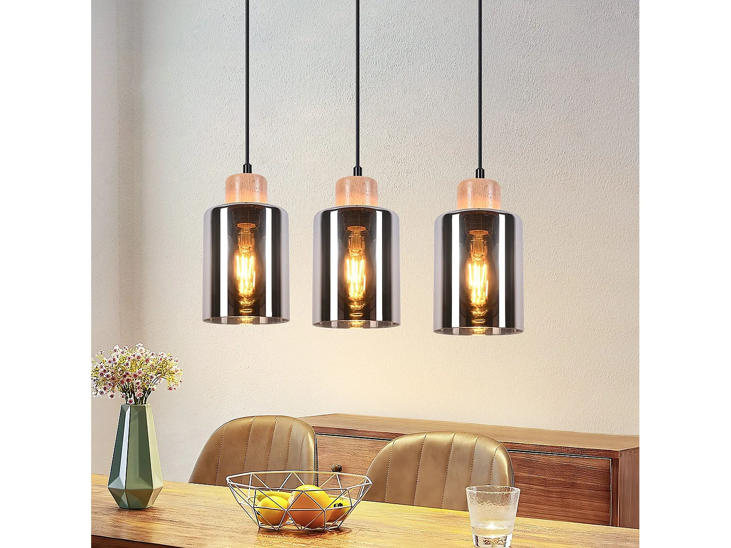Drewniana lampa wisząca NETTLIFE, lampa wisząca E27, lampa stołowa ze szkła w stylu vintage 4361524 - obrazek 1