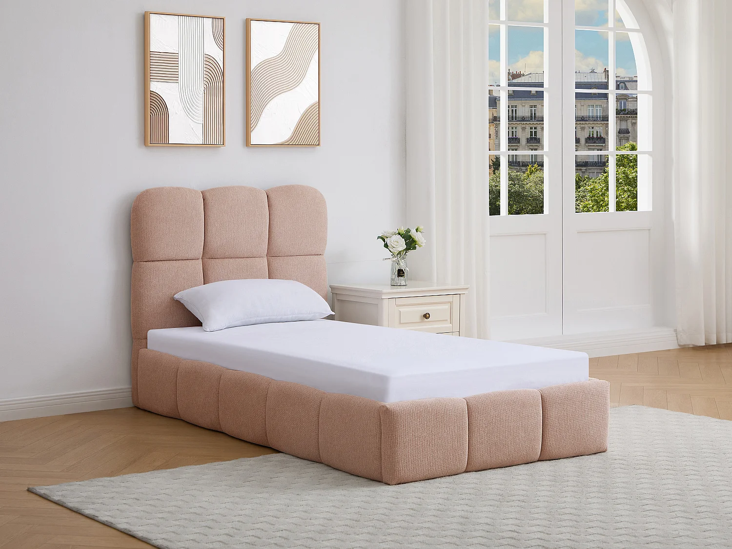 Łóżko ze skrzynią 90 x 190 cm – Teksturowana tkanina – Różowe + Materac – DILUDO 4868556 - obrazek 1