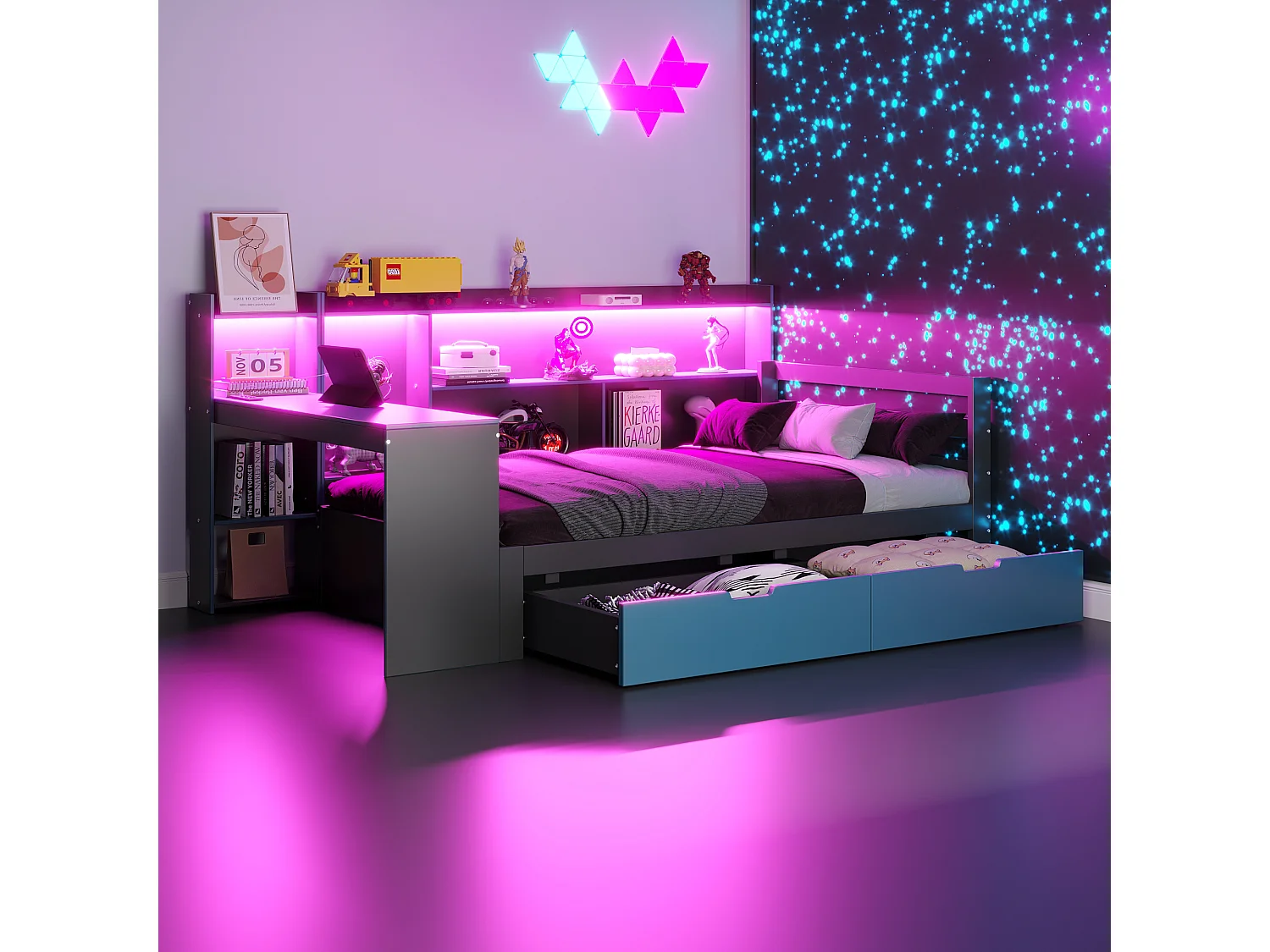Drewniana sofa dziecięca z funkcją spania – 90 x 200 cm – z biurkiem + regałem + półkami + diodami LED + gniazdkami – czarna + niebieska 4869099