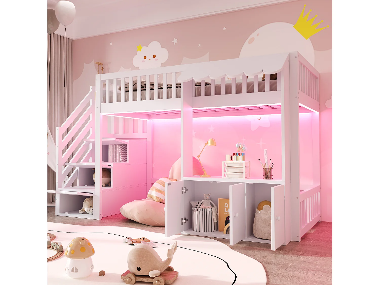 Drewniane łóżko piętrowe dla dzieci - 90 x 200 cm - ze schodkami do przechowywania + diody LED + 2 szafki - białe 4869190 - obrazek 1