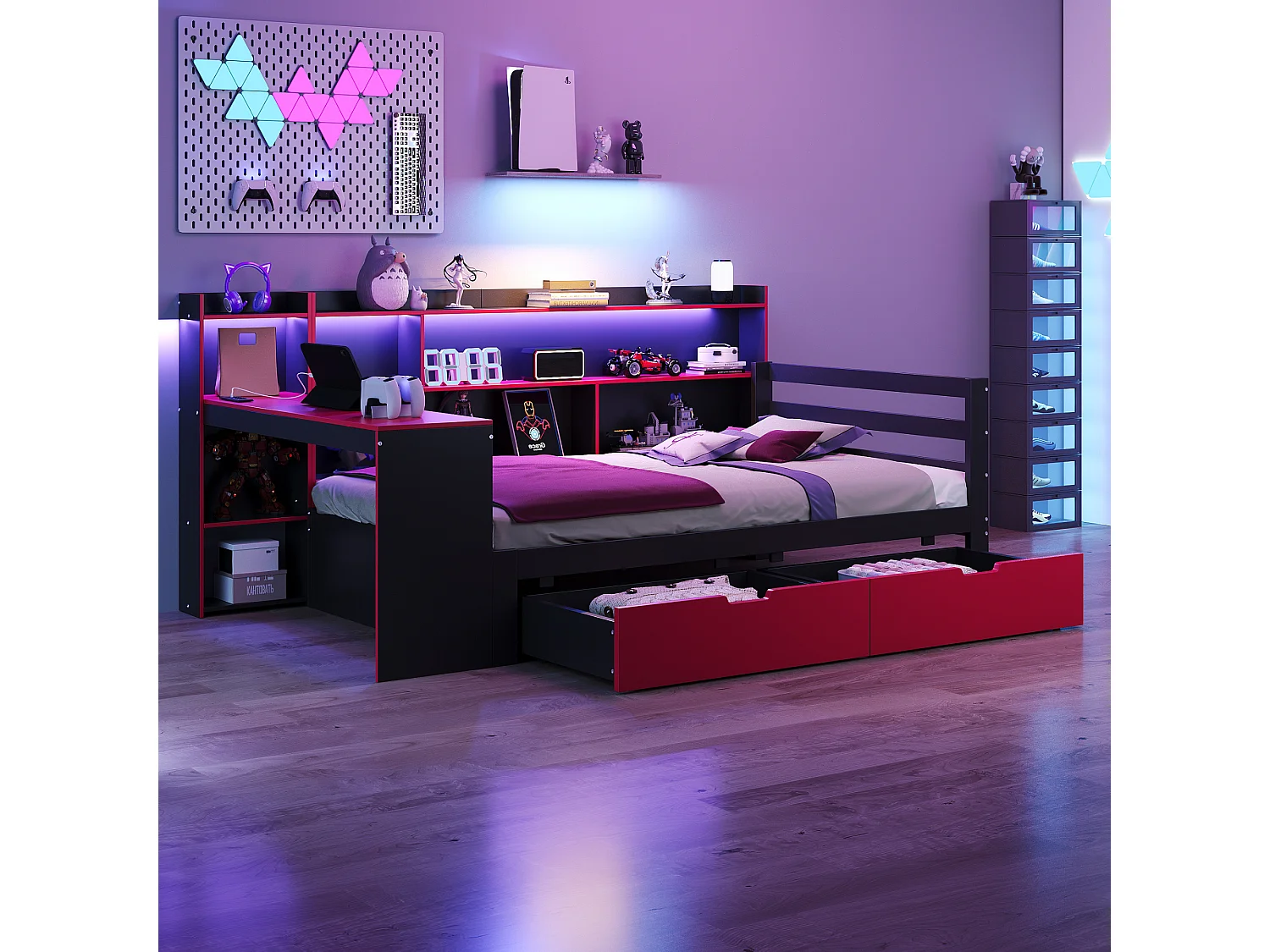 Drewniana sofa dziecięca z funkcją spania - 90 x 200 cm - z biurkiem + regałem + półkami + diodami LED + gniazdkami - czarna + czerwona 4869066 - obrazek 1