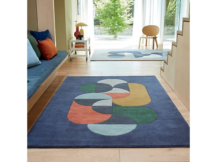 Dywan geometryczny, ręcznie robiony, 100% wełna - 200x290cm - niebieski, zielony, kremowy, pomarańczowy, złoty - Matrix Statement 4344417 - obrazek 1