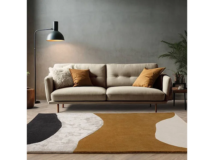 Dywan geometryczny z wełny, wiskozy i nylonu - 160x230cm - czarny, kremowy, ochra - Matrix Signature 4344401 - obrazek 1