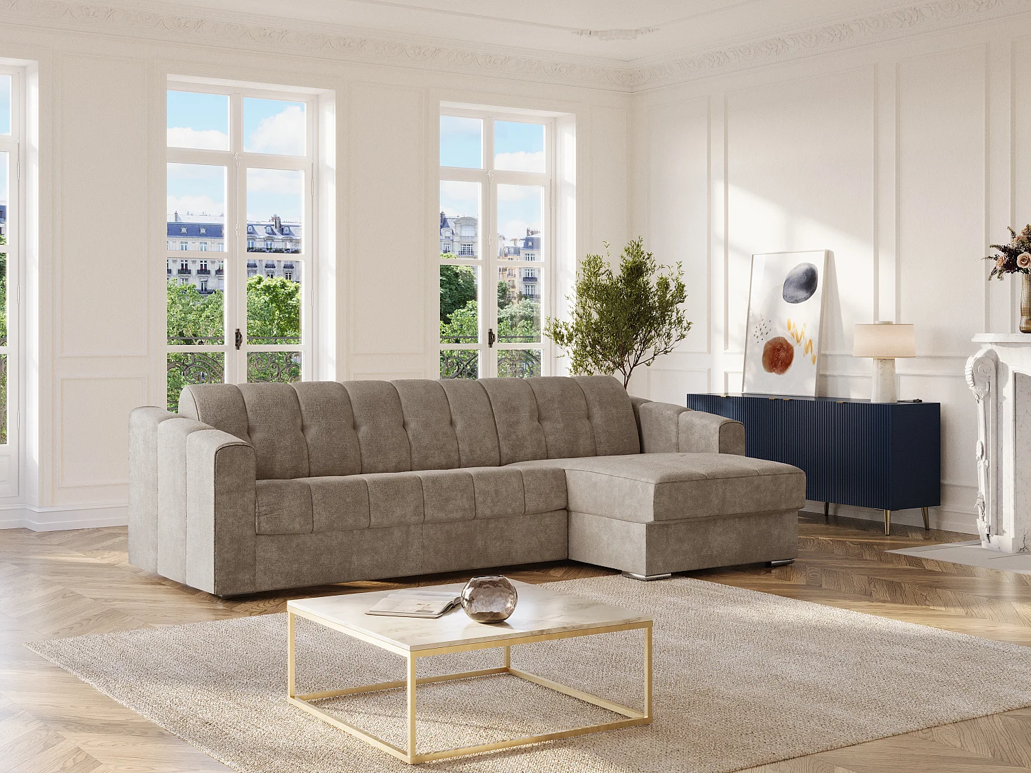 Kanapa narożna rozkładana typu express z tapicerką teksturowaną w kolorze taupe - Powierzchnia spania 140 cm - Materac 18 cm - DARIELO 4211004 - obrazek 1