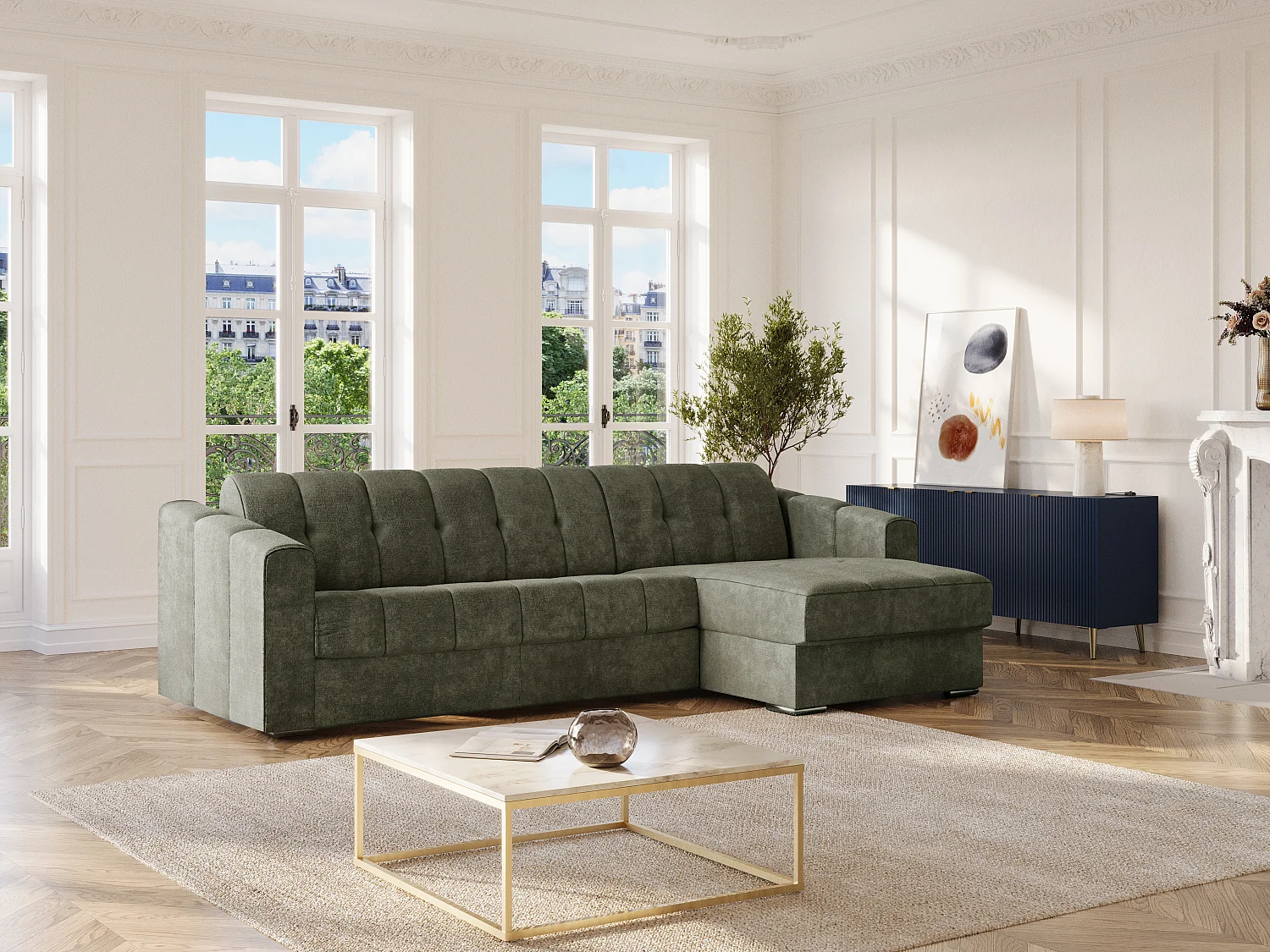 Kanapa narożna rozkładana typu express w teksturowanej tkaninie w kolorze khaki - Stelaż szeroki listwowy 140 cm - Materac 18 cm - DARIELO 4210867 - obrazek 1