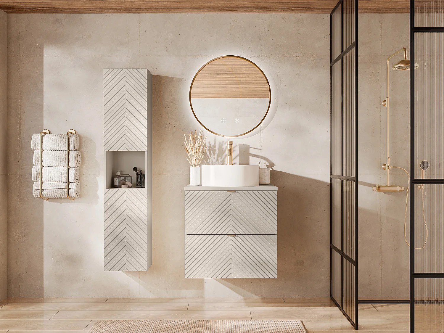 Kolumna łazienkowa jodełka z niszą – Kolor beżowy – H140 cm – DORIONI 4797380