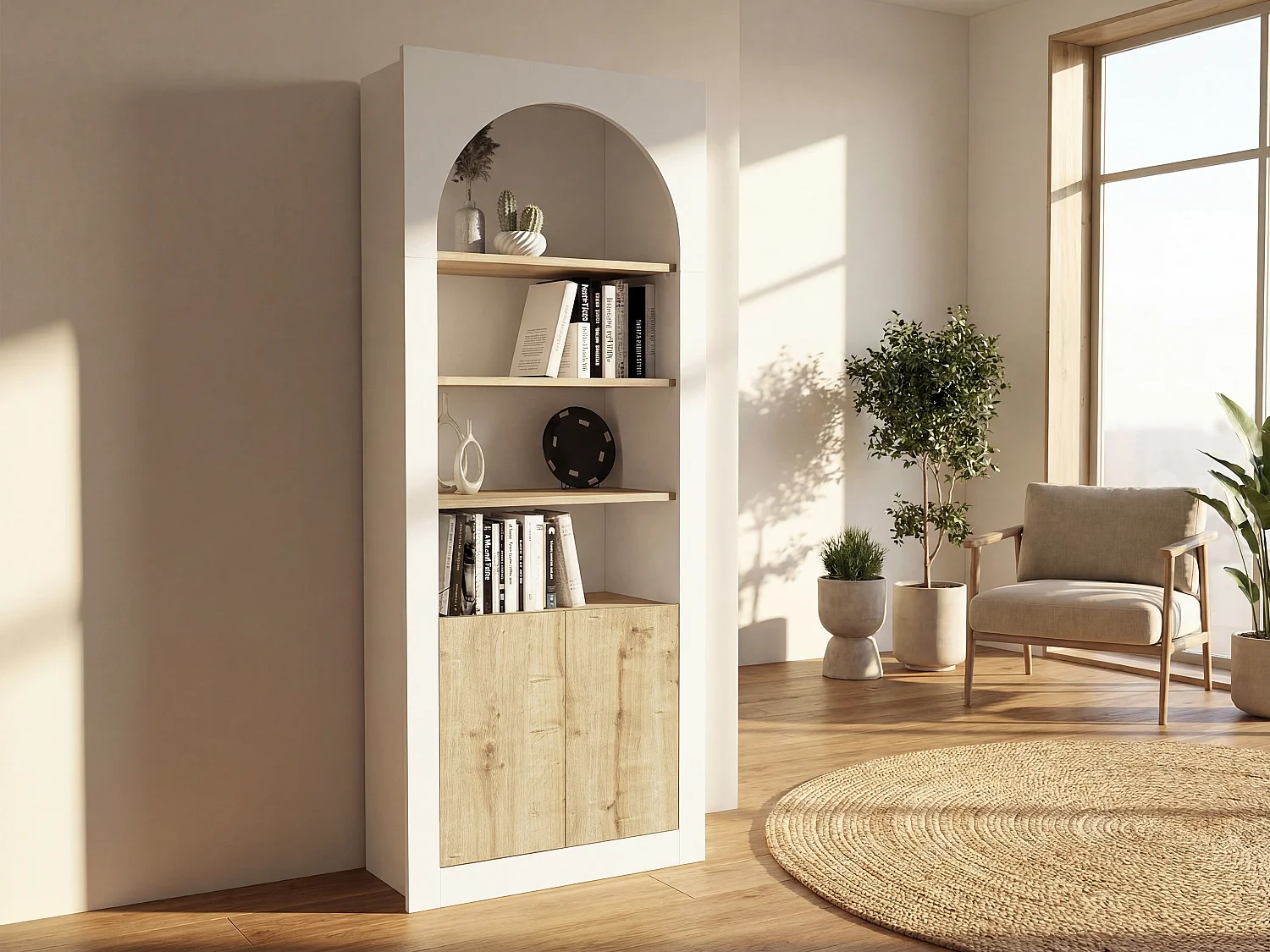 Biblioteczka 2-drzwiowy z 4 wnękami - Biały i jasny naturalny - CYMORA 4815535 - obrazek 1