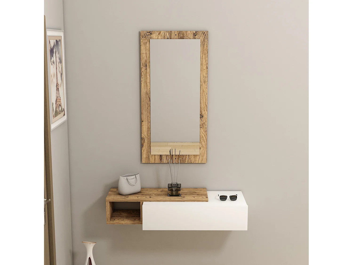 Drewniana konsola „Vien” z lustrem – 82 x 29 x 15 cm – Biały 4887750