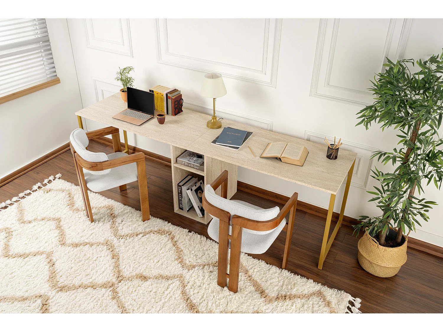 „Twin Study Desk” Drewniane Biurko z Półkami – 240 x 60 x 74 cm – Wykończenie TravertinOr 4887946