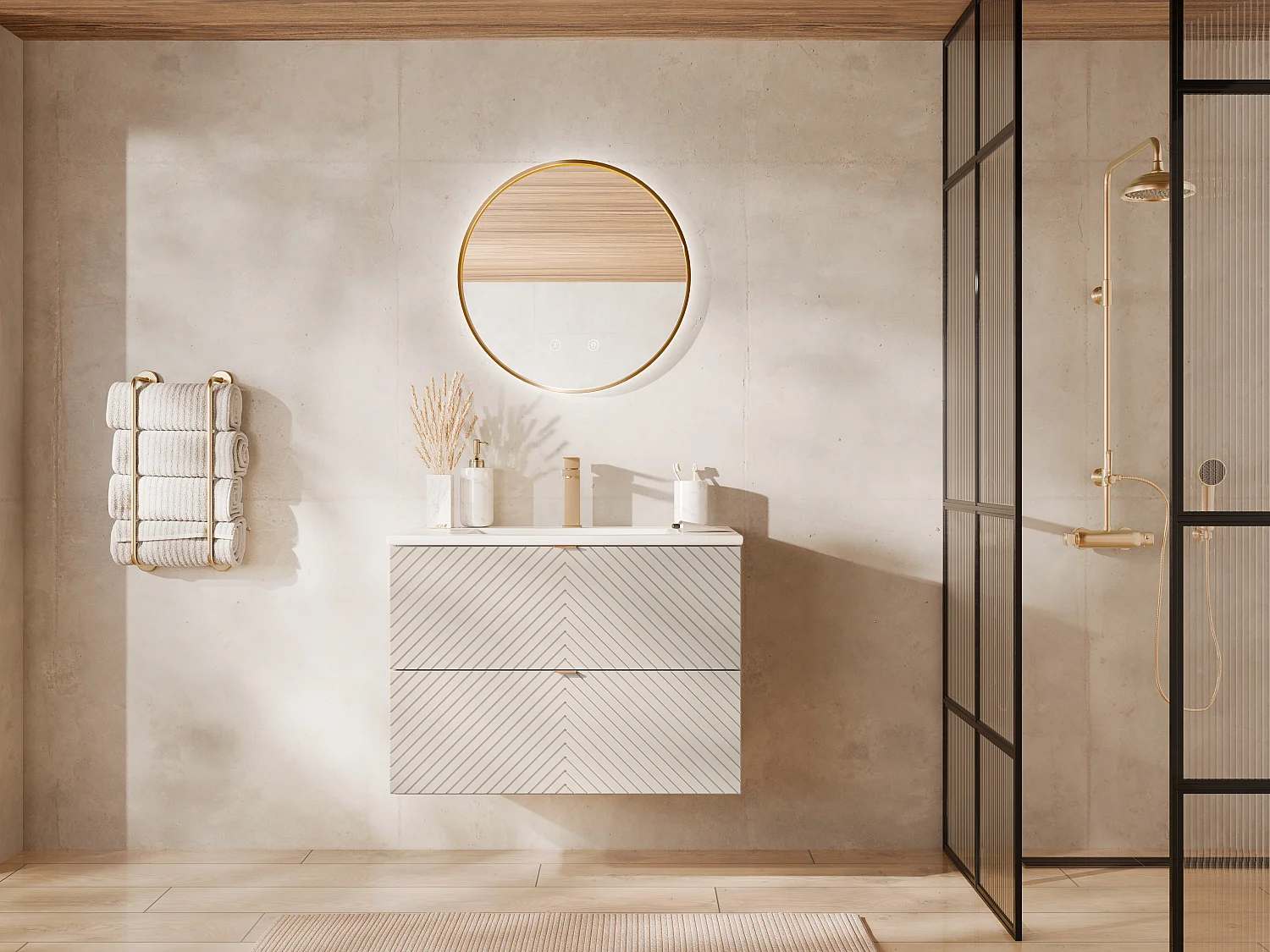 Szafka łazienkowa pod umywalkę wisząca w jodełkę – beż – 80 cm – DORIONI 4797381 - obrazek 1