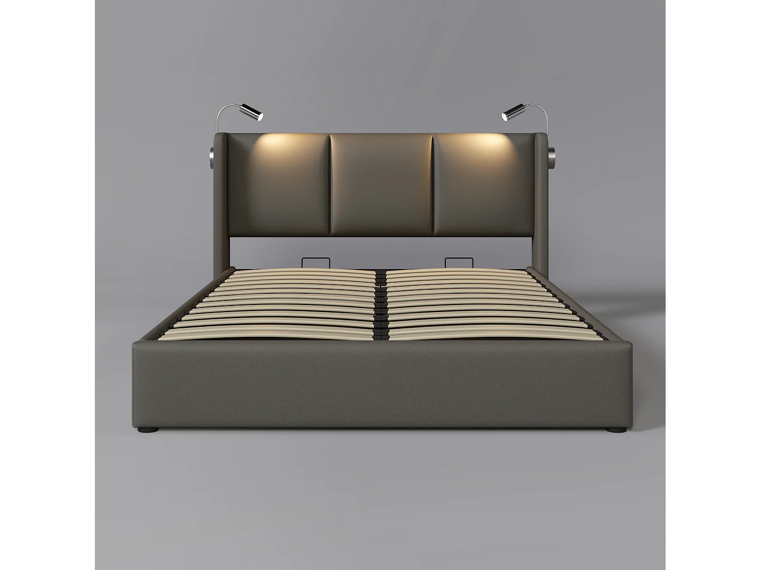 Łóżko z pojemnikiem 140x200cm z ekoskóry - z lampkami do czytania i portami USB - z stelażem na listwach - Szare 1398981 - obrazek 1
