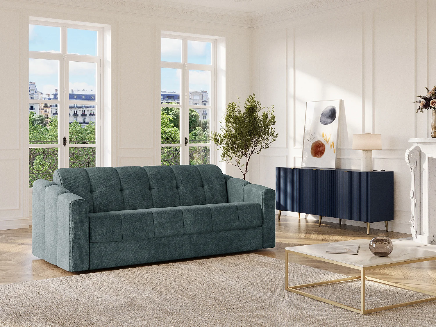 Kanapa 3-osobowa rozkładana typu express z teksturowanej tkaniny w kolorze morskiej zieleni - Powierzchnia spania 140 cm - Materac 22 cm z pianką z pamięcią kształtu - DARIELO 4210846 - obrazek 1