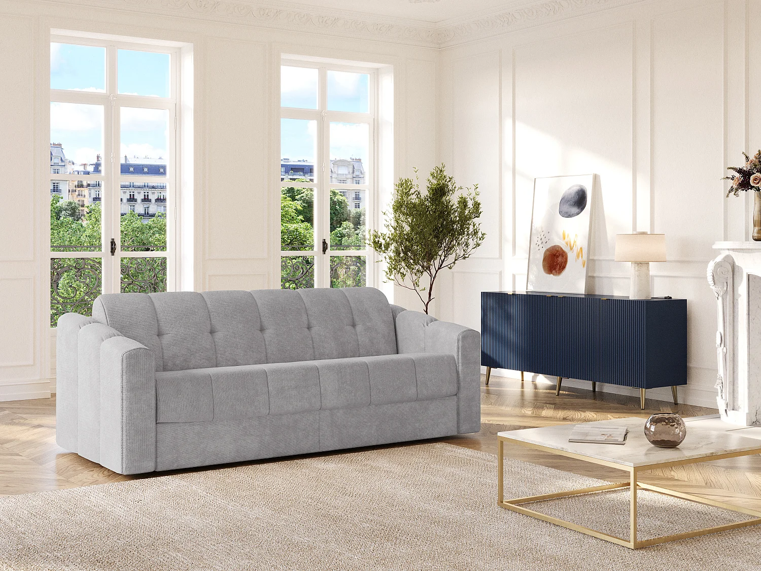 Kanapa 3-osobowa rozkładana typu express w tkaninie teksturowanej jasnoszarej - Powierzchnia spania 140 cm - Materac 22 cm z pianką z pamięcią kształtu - DARIELO 4210833 - obrazek 1