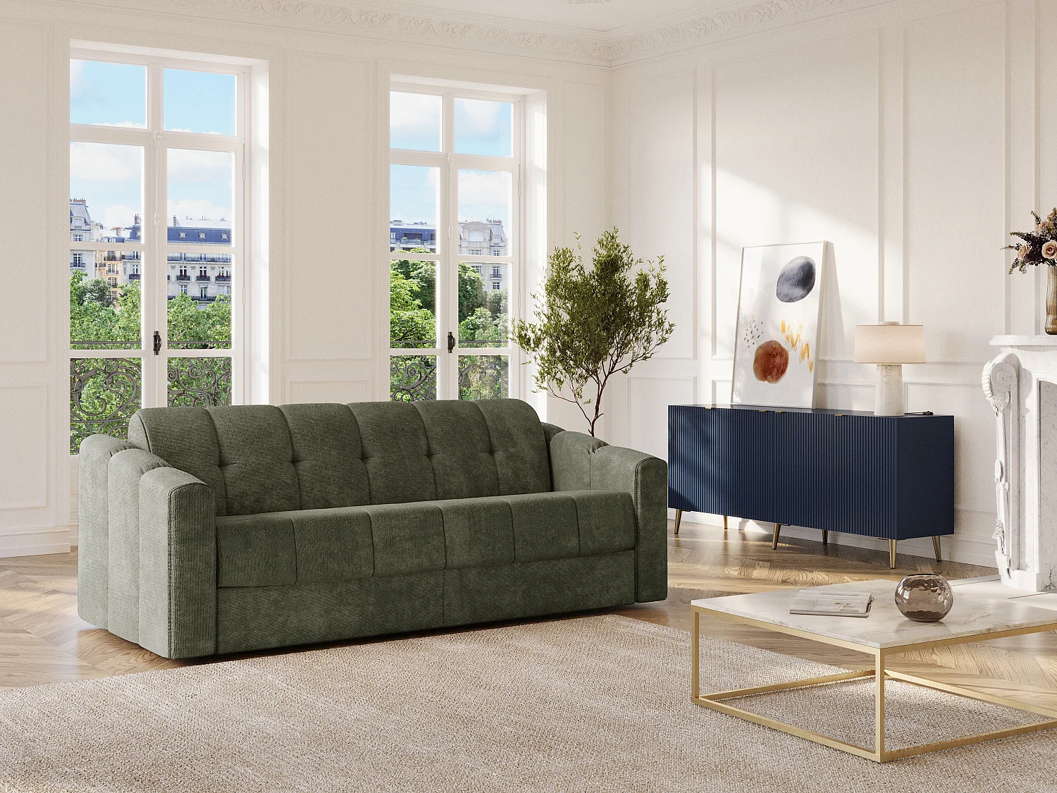 Kanapa 3-osobowa rozkładana typu express z teksturowanej tkaniny w kolorze khaki - Powierzchnia spania na szerokich listwach 140 cm - Materac 22 cm z pianki z pamięcią kształtu - DARIELO 4210812 - obrazek 1