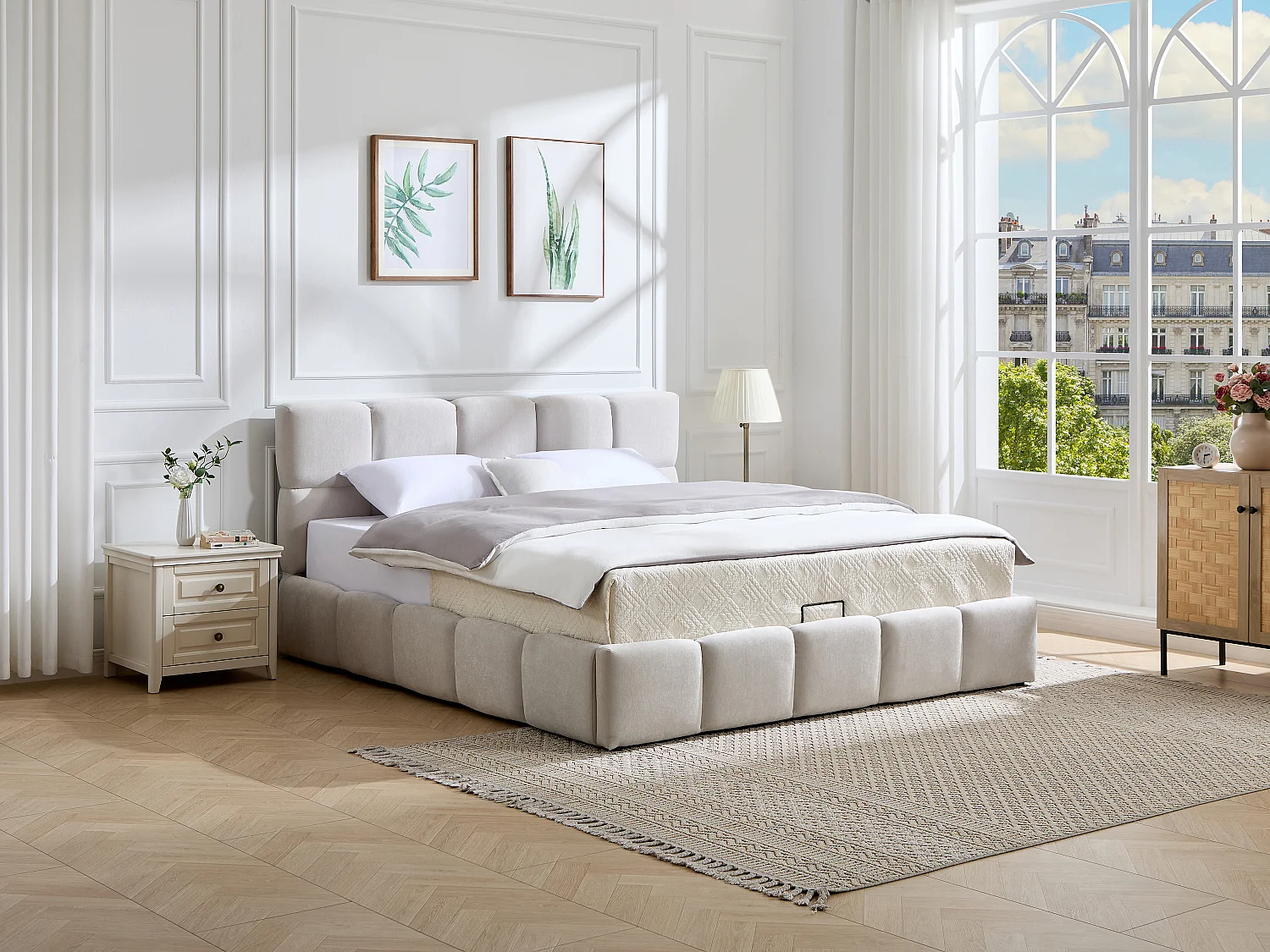 Łóżko ze skrzynią 200 x 200 cm – Tkanina – Beżowy + Materac - DILUDO 4895424 - obrazek 1