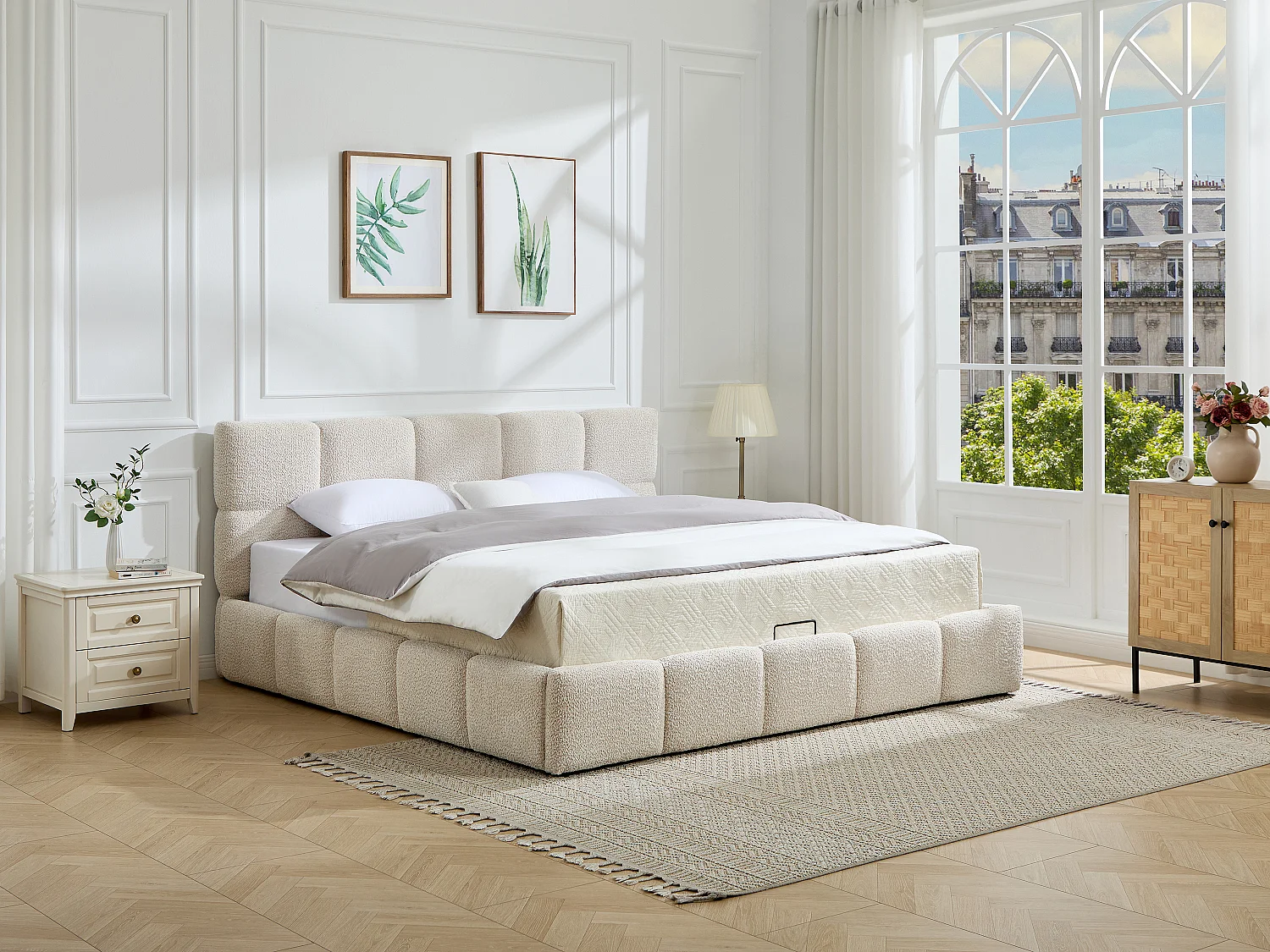 Łóżko ze skrzynią 200 x 200 cm – Tkanina z bukli – Beżowy + Materac - DILUDO 4895420 - obrazek 1