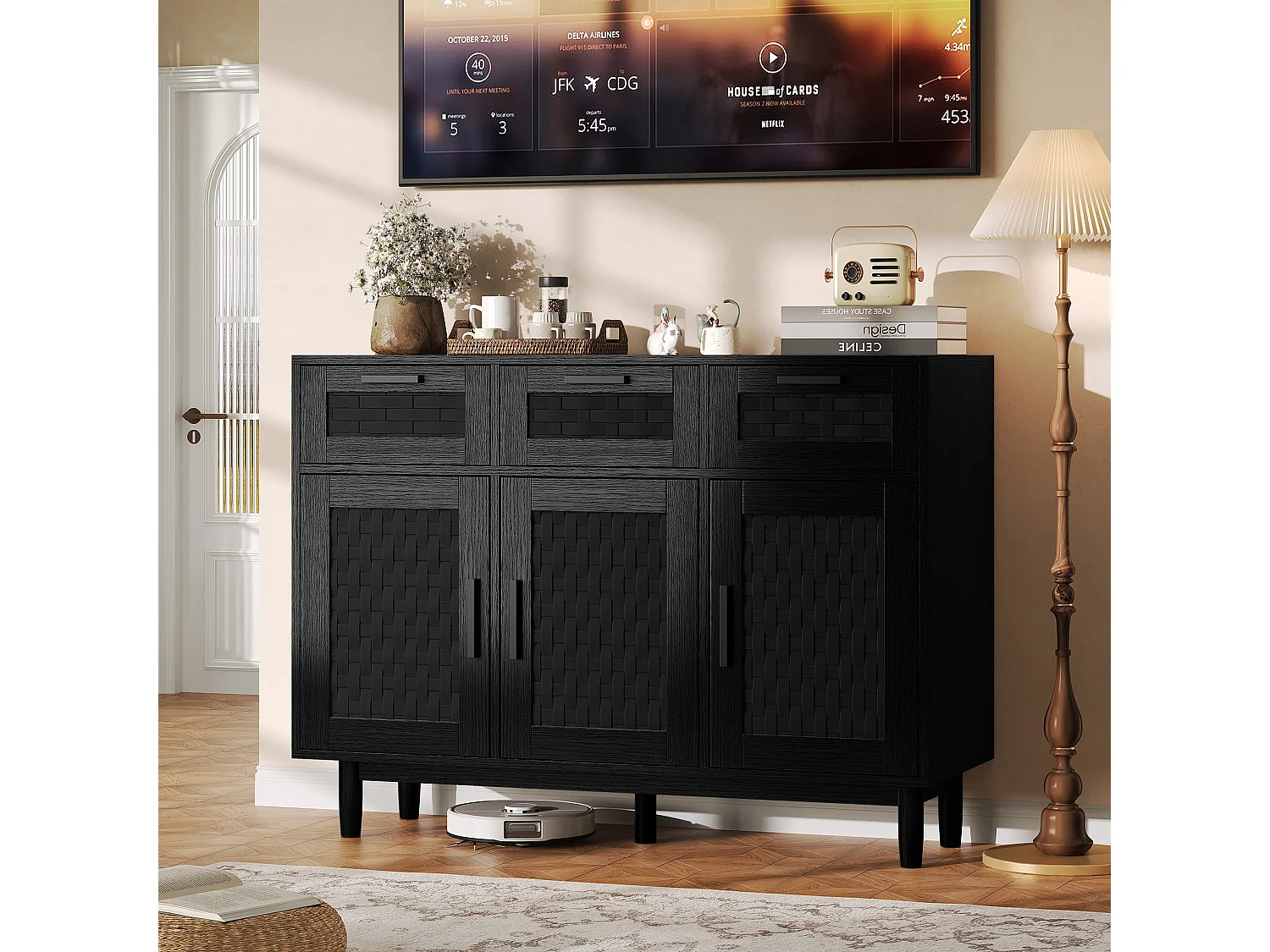 Czarna drewniana komoda w stylu Rattan Boho z 3 szufladami, 3 drzwiami, do przechowywania w kuchni i salonie, naturalny design z plecionego bambusa 4897810