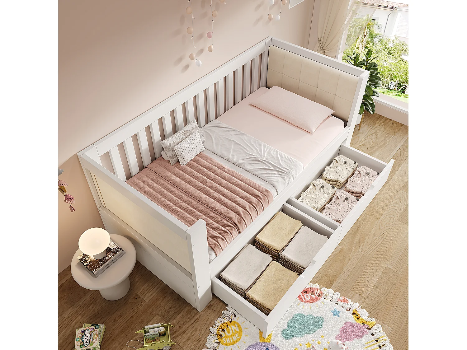 Drewniana sofa rozkładana - 90 x 200 cm - z 2 szufladami + podłokietnikami i oparciem - biała 4901802 - obrazek 1