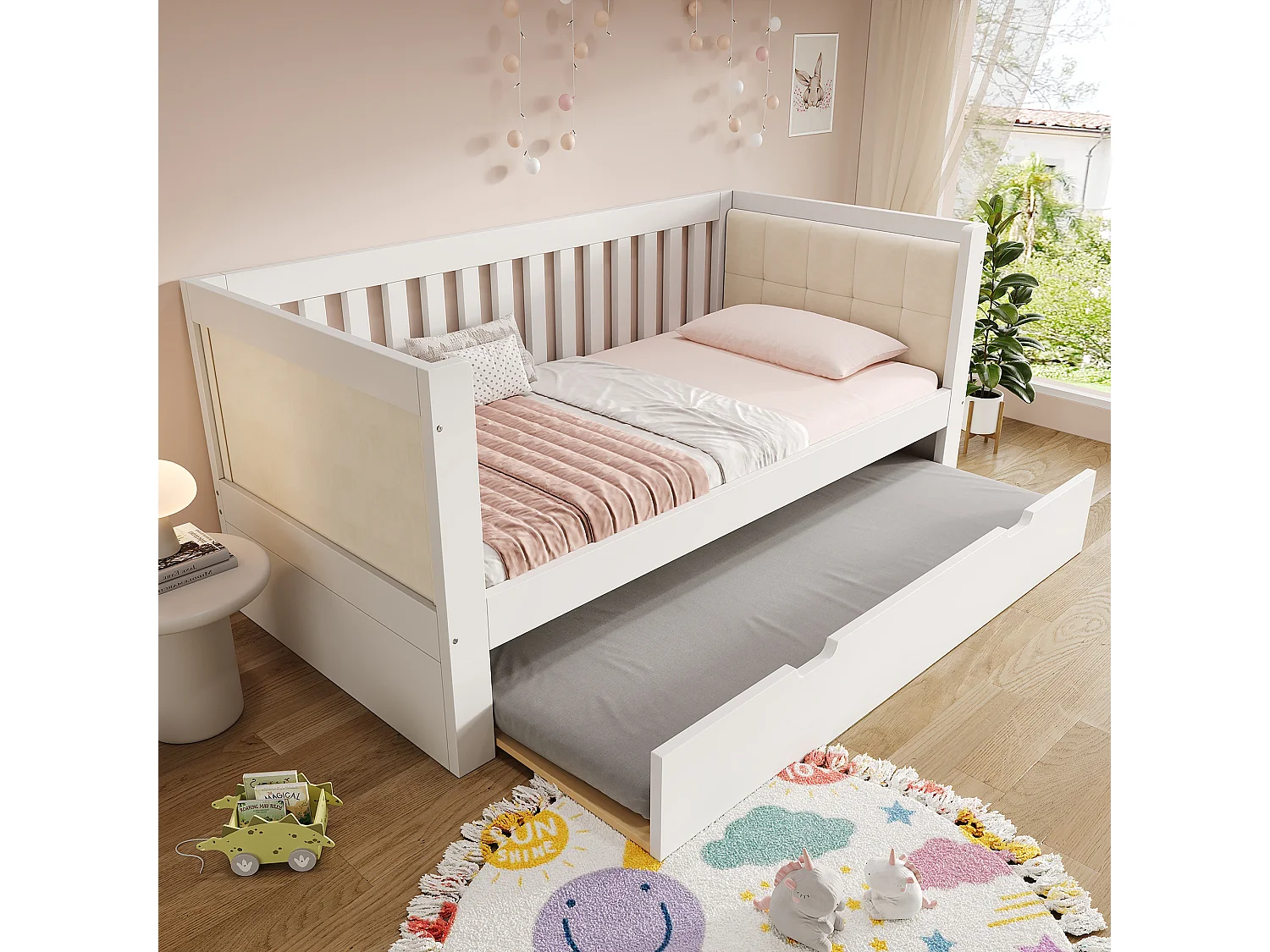 Drewniana sofa rozkładana – 90 x 200 cm – z wysuwanym łóżkiem 90 x 190 cm + podłokietniki i oparcie – biała 4901810