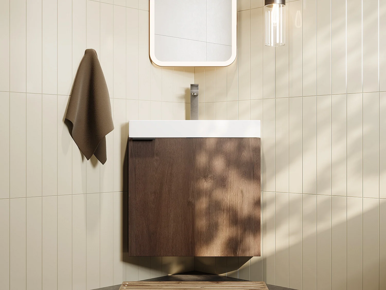Wisząca narożna szafka pod umywalkę ciemny naturalny – 56 cm – MANODO 4902913