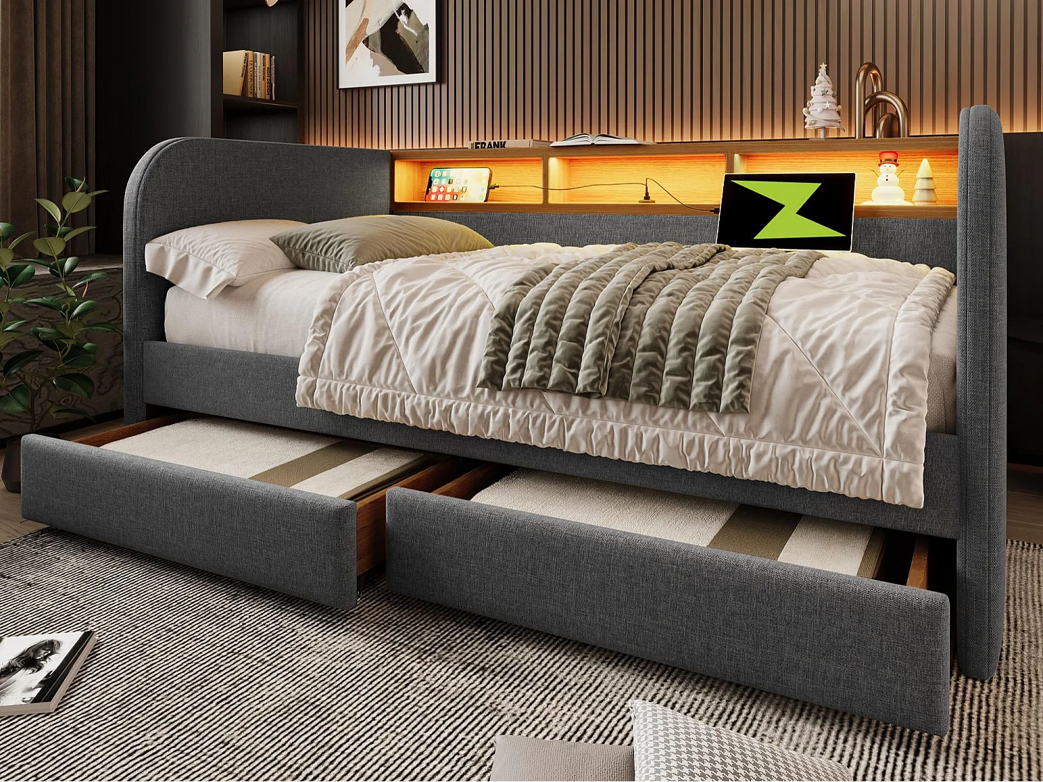 Leżanka z 2 szufladami – tkanina lniana – 140×190 cm – z diodą LED i funkcją ładowania – Szara 3769312