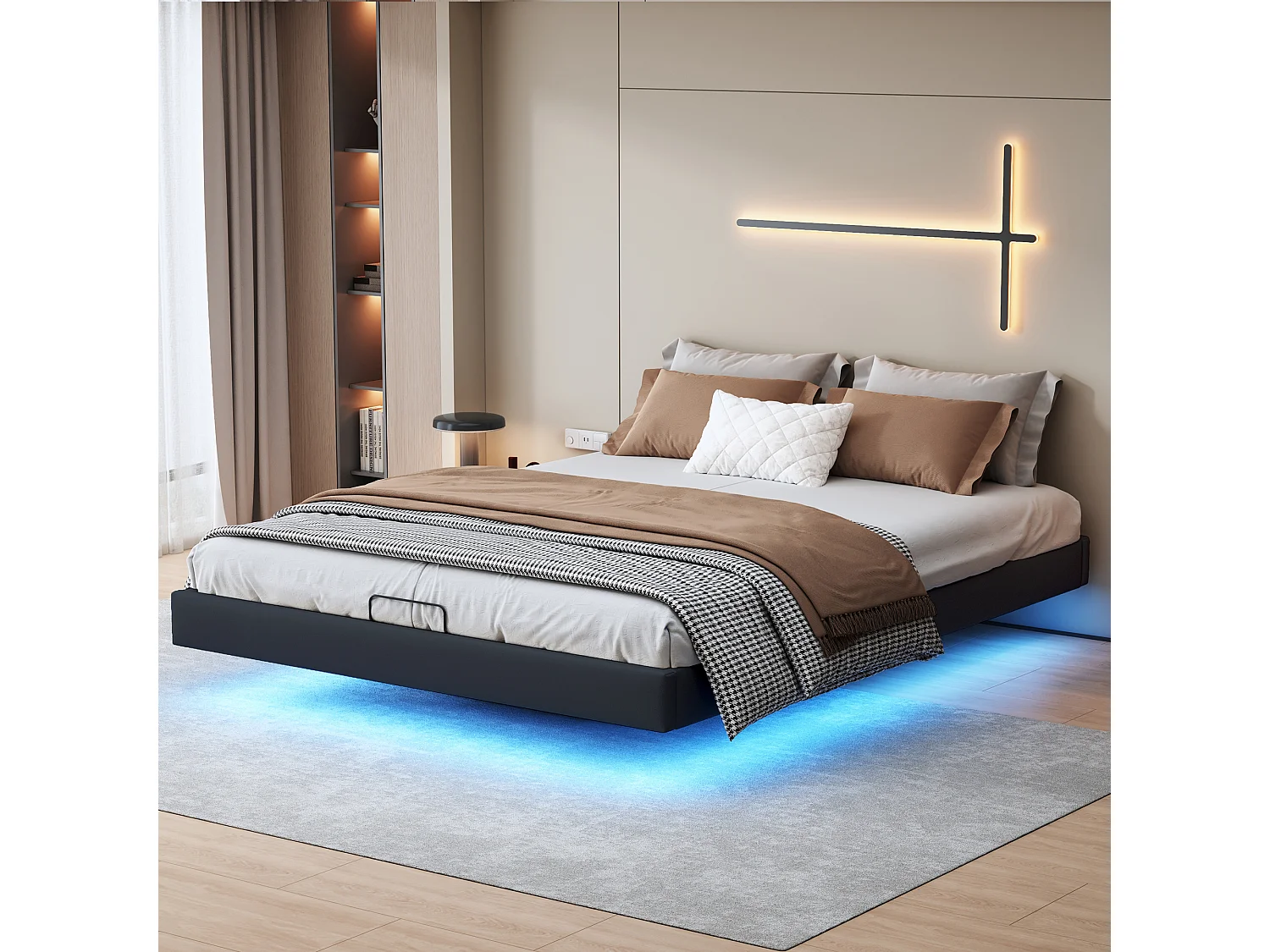 Czarny łóżko wiszące 160x200 cm bez zagłówka z hydraulicznym schowkiem, wbudowanymi LED i stacją ładowania 4914167 - obrazek 1