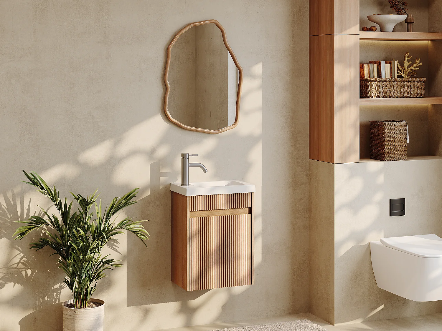 Wisząca szafka pod umywalkę z prążkowanego drewna jesionowego z umywalką z matowej białej żywicy – Naturalny jasny – 40 x 25,5 x 54 cm – DROVI 4797370