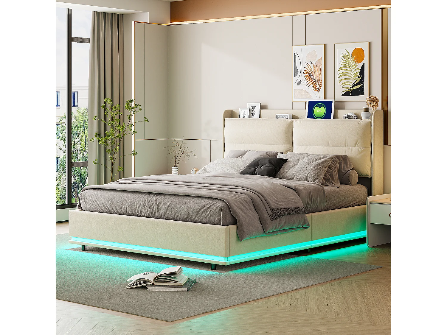 Łóżko z pojemnikiem 140x200 cm welur beżowy z LED RGB, ładowanie USB/Type-C/bezprzewodowe, podwójne hydrauliczne przechowywanie, skandynawskie zagłówek na suwak 4225982 - obrazek 1
