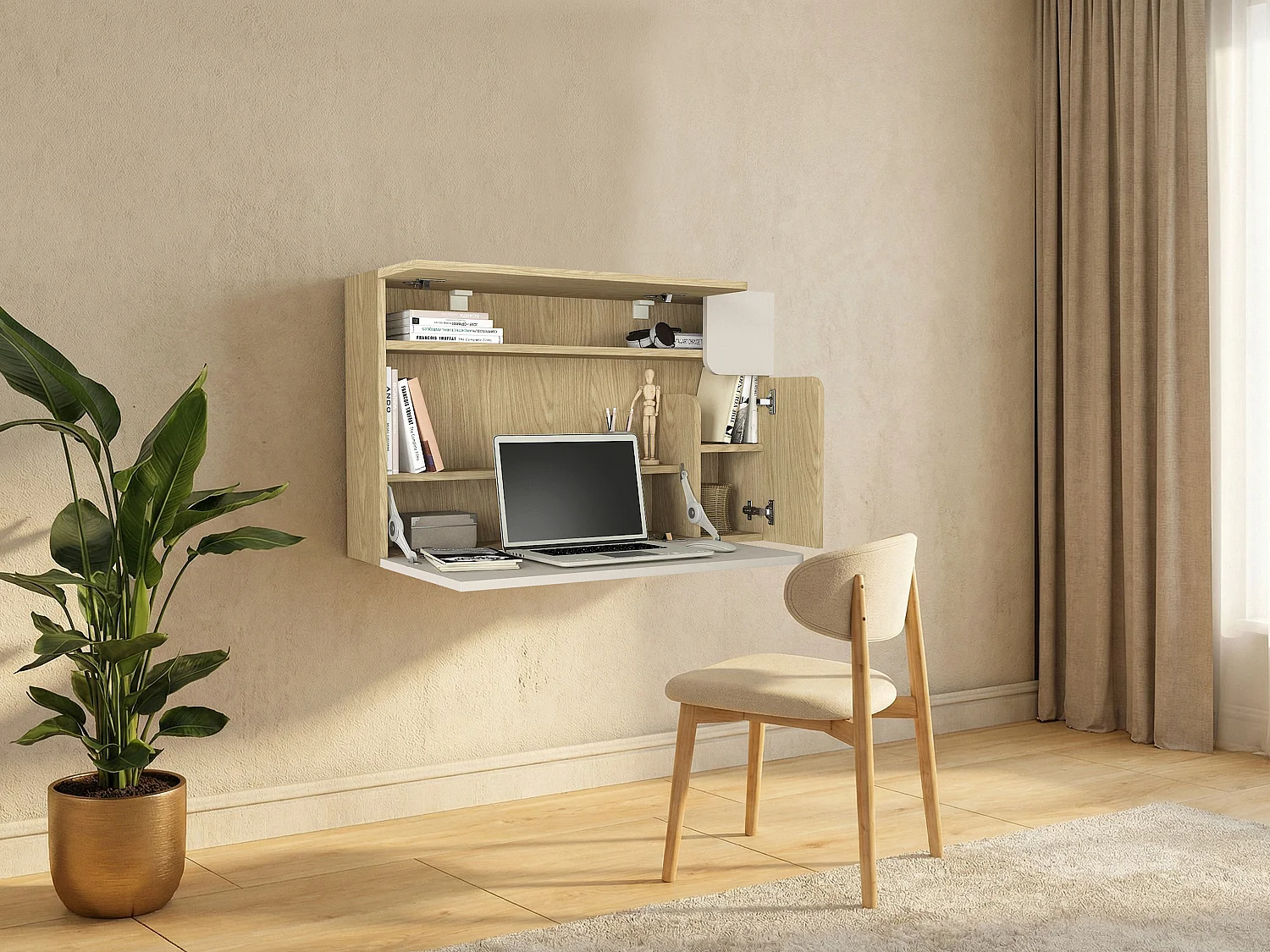 Biurko ścienne z 3 drzwiami – Beżowe i naturalne – LYNATO 4841356