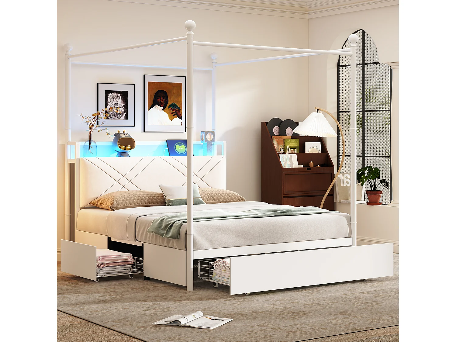 Łóżko z baldachimem metalowym - 140 x 190 cm - z 3 szufladami + baldachim z kutego żelaza + diody LED + USB/Typ-C - metalowe - białe 4919965 - obrazek 1