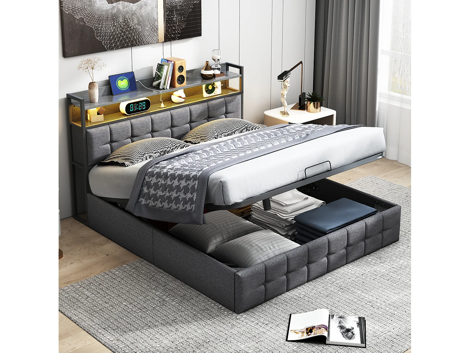 Łóżko z pojemnikiem 140x200 cm szare z podświetlanym zagłówkiem LED RGB, portami USB/Type-C, hydraulicznym schowkiem i wbudowaną półką 4749920 - obrazek 1