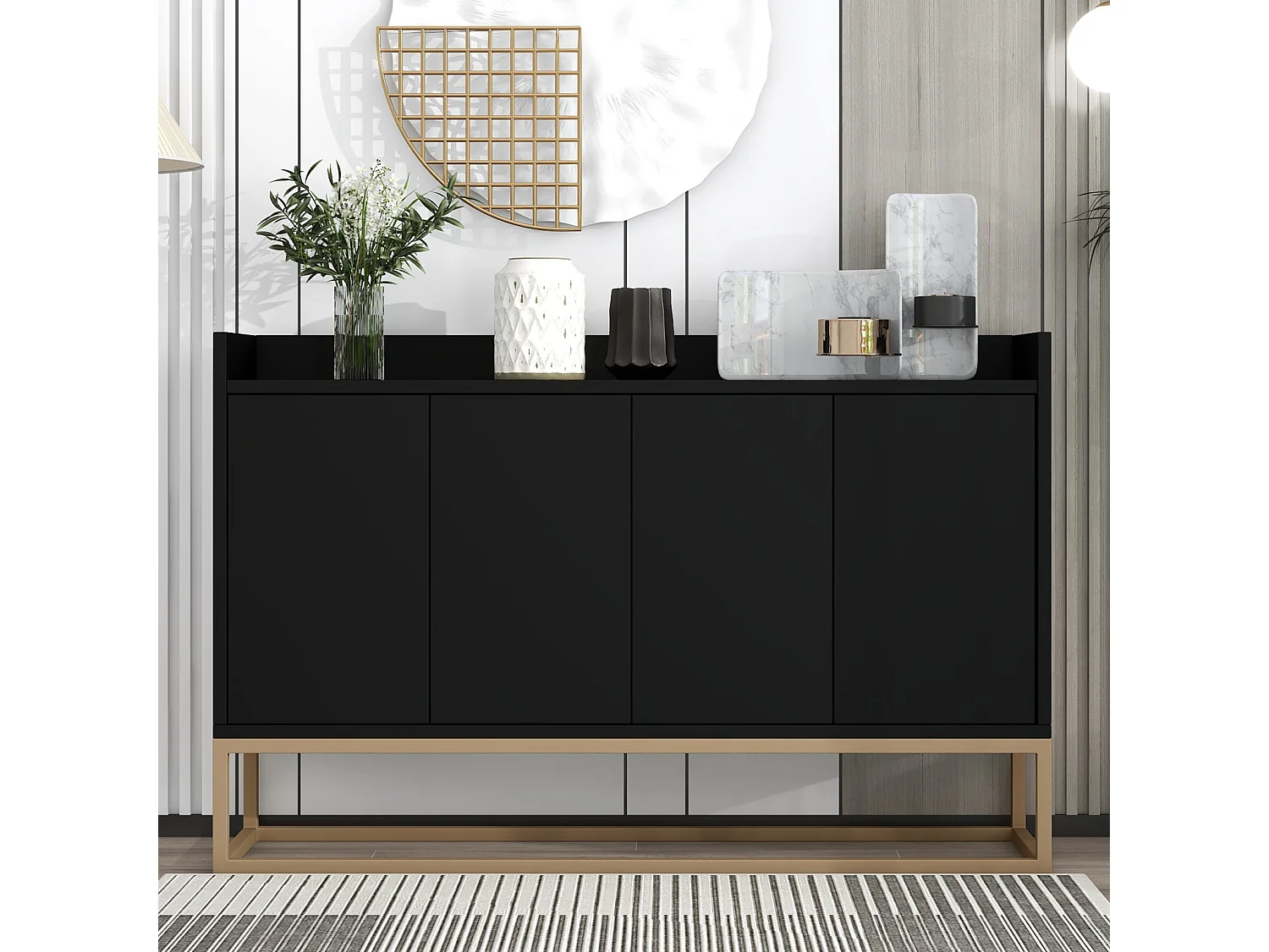 Czarny bufet z 4 drzwiami z MDF i metalu, 120x30x80 cm, regulowane półki, klasyczny design bez uchwytów 4923030 - obrazek 1