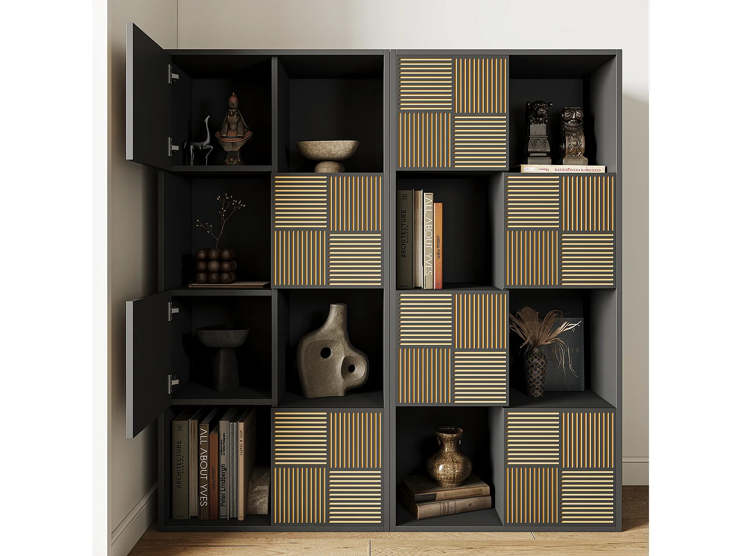 Czarna półka modułowa z 8 przegrodami i drzwiami push-to-open, 125x30x60 cm, nowoczesny design 4923075
