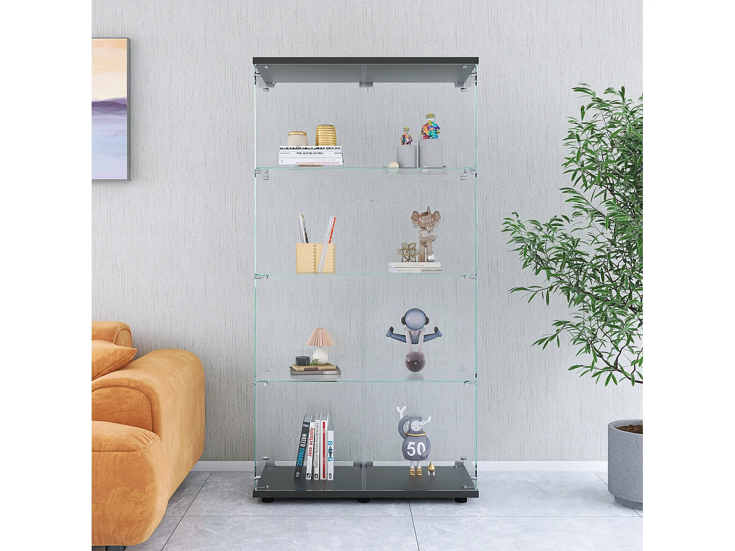 Czarna Witryna Curio ze Szkła Hartowanego z 4 Półkami i 2 Drzwiami – Styl Współczesny i Art Deco, 164x36x80 cm 4923079 - obrazek 1