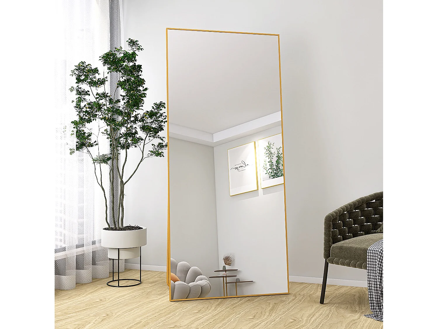 Lustro na Stojaku 180x80 cm Złota Rama Aluminiowa - Bezpieczne i Pochylane Lustro Całego Ciała 4923084 - obrazek 1