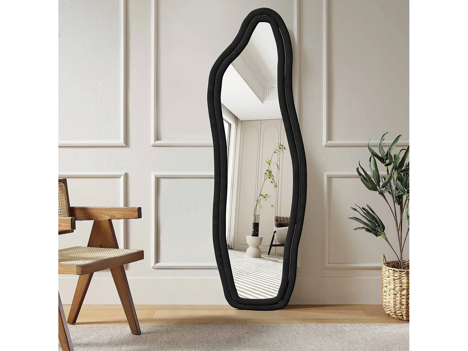 Lustro Całego Ciała 140x45 cm Czarna Asymetryczna Ramka z Flaneli Design Art Deco Współczesny 4923086 - obrazek 1