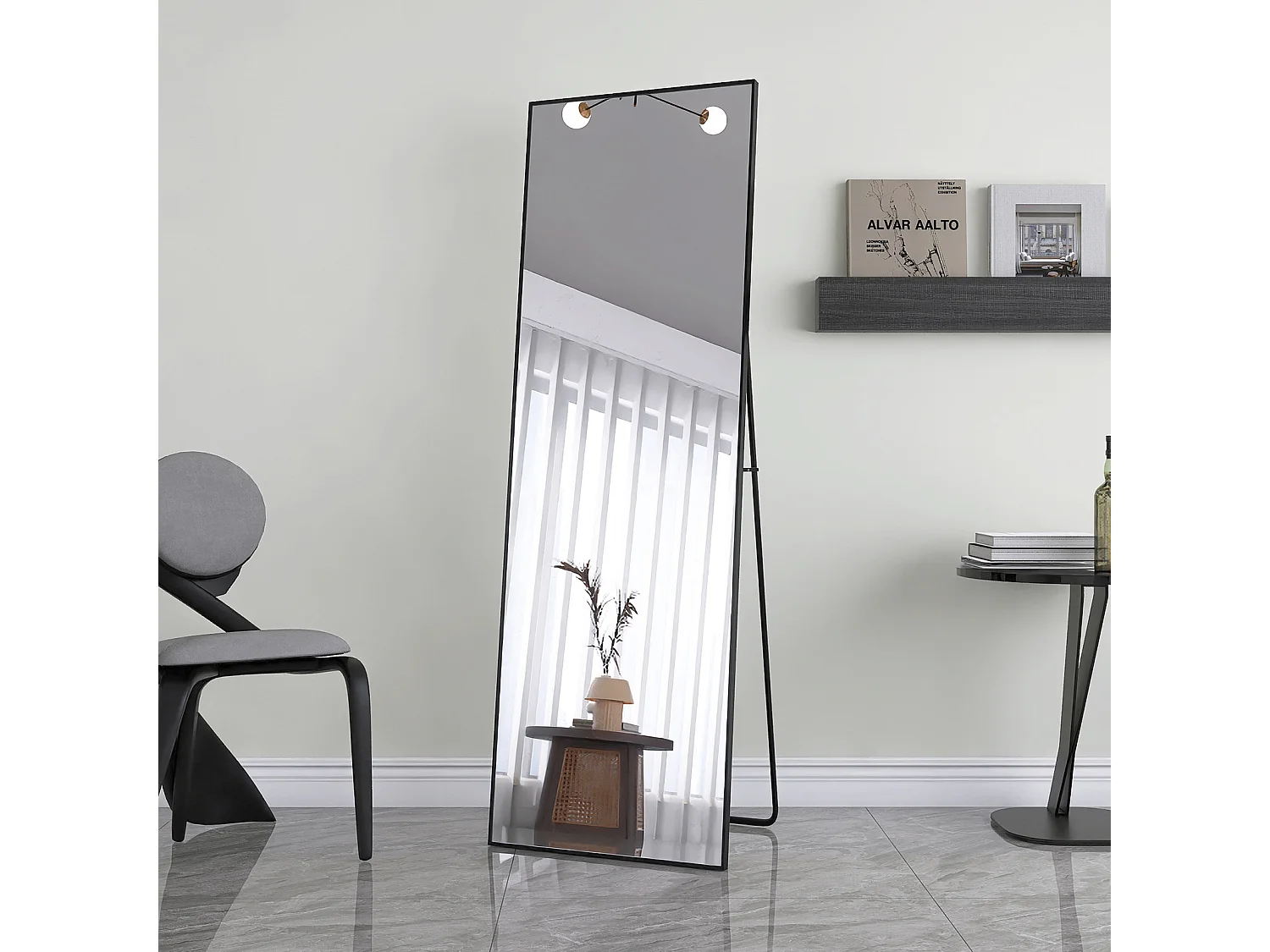 Lustro Całkowite 165x60 cm Czarne ze Szkła Hartowanego z Ramą Aluminiową w Stylu Art Déco - Montaż Ścienny lub na Stojaku 4923092 - obrazek 1