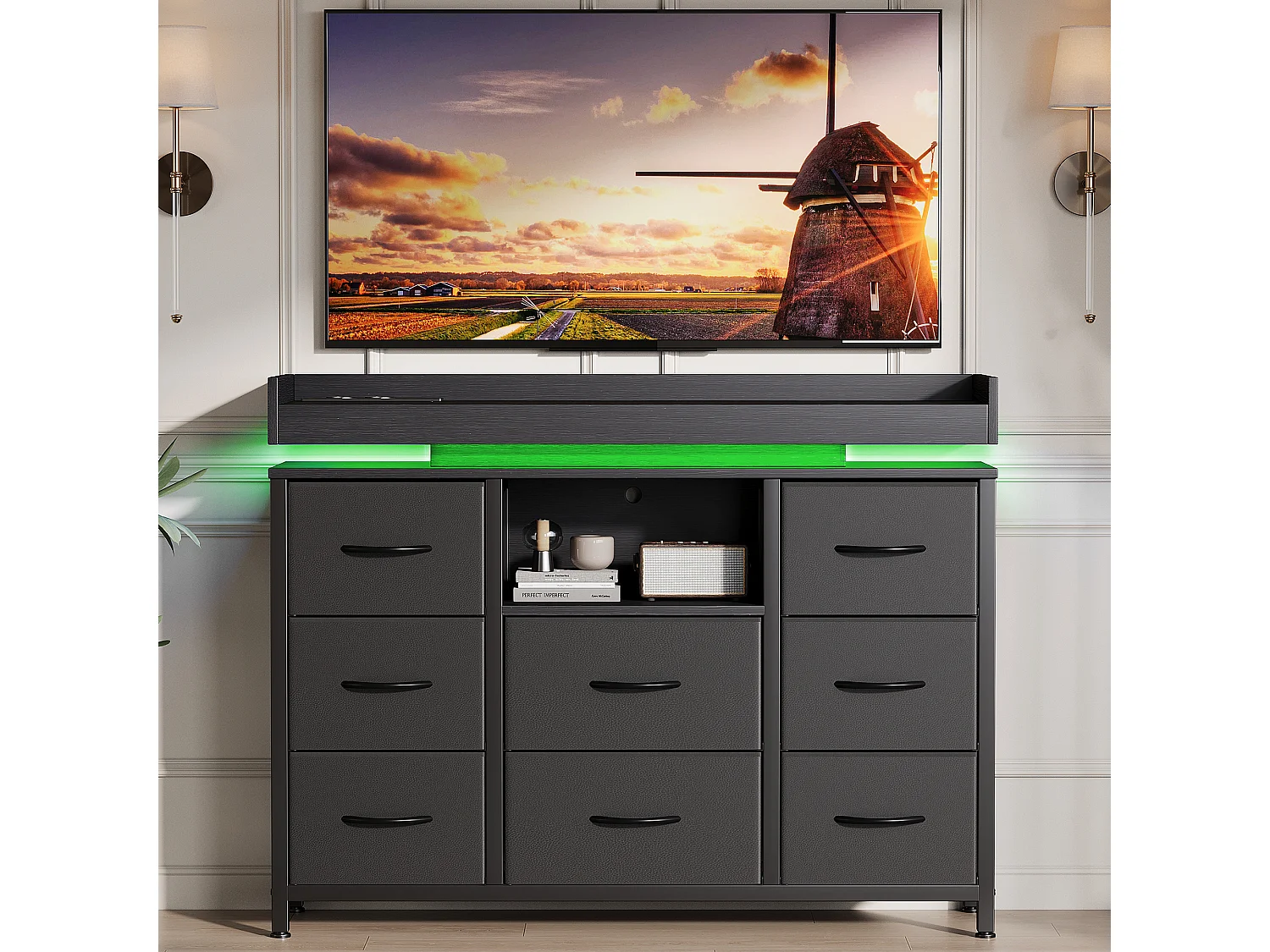 Czarna szafa z 8 szufladami 108x30x82 cm z podświetleniem LED RGB i gniazdem ładowania, odporne na uszkodzenia szuflady z tkaniny bez drzwi 4923091