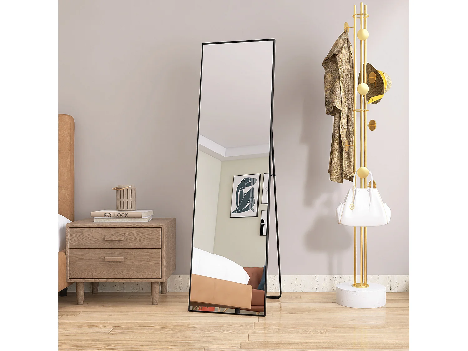 Lustro całopostaciowe 140×40 cm czarna metalowa rama w stylu współczesnym i Art Déco, stojak i mocowanie ścienne 4923100