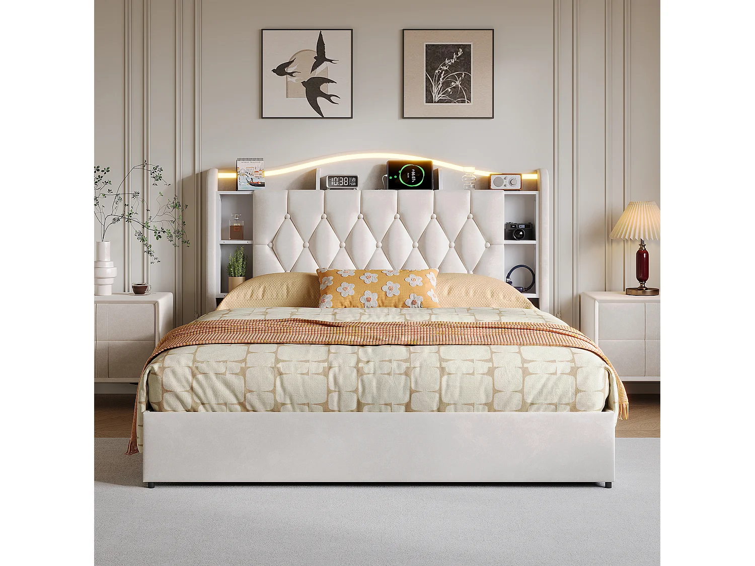 Łóżko z pojemnikiem 140x190 cm welur beżowy z zagłówkiem LED, ładowanie USB/Type-C, hydrauliczny schowek, nowoczesny design 4923118 - obrazek 1
