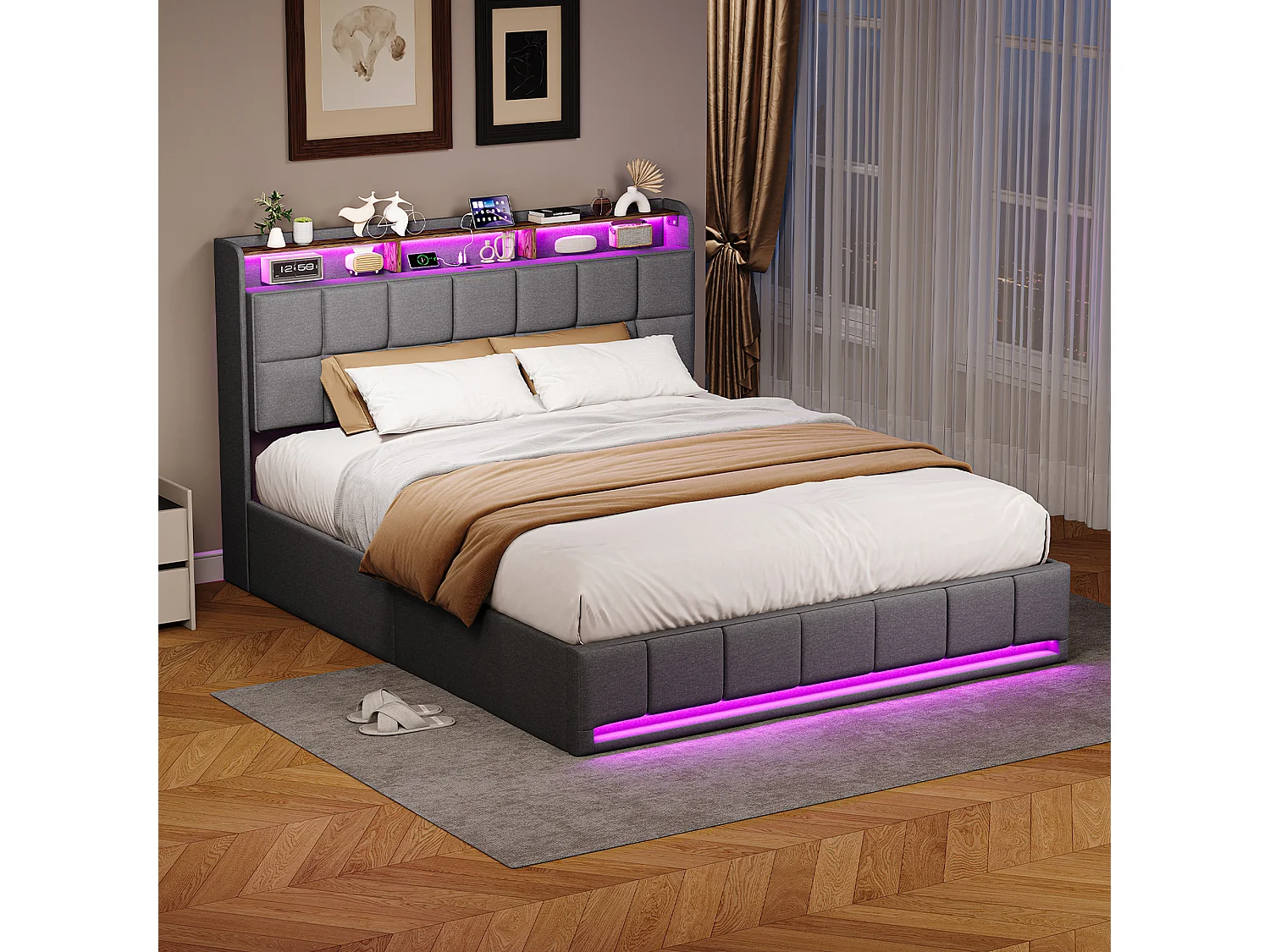 Łóżko z pojemnikiem 160x200 cm szare z oświetleniem LED RGB, wbudowanym USB, 3 szufladami, tkanina lniana i nośnością 350 kg – styl nowoczesny 4923146 - obrazek 1