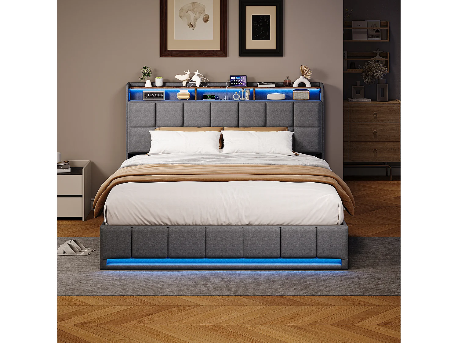 Łóżko z pojemnikiem 140x190 cm szare z lnu z oświetleniem LED RGB, wbudowanym USB i 3 szufladami do przechowywania, solidna rama 350 kg, styl nowoczesny 4923155 - obrazek 1