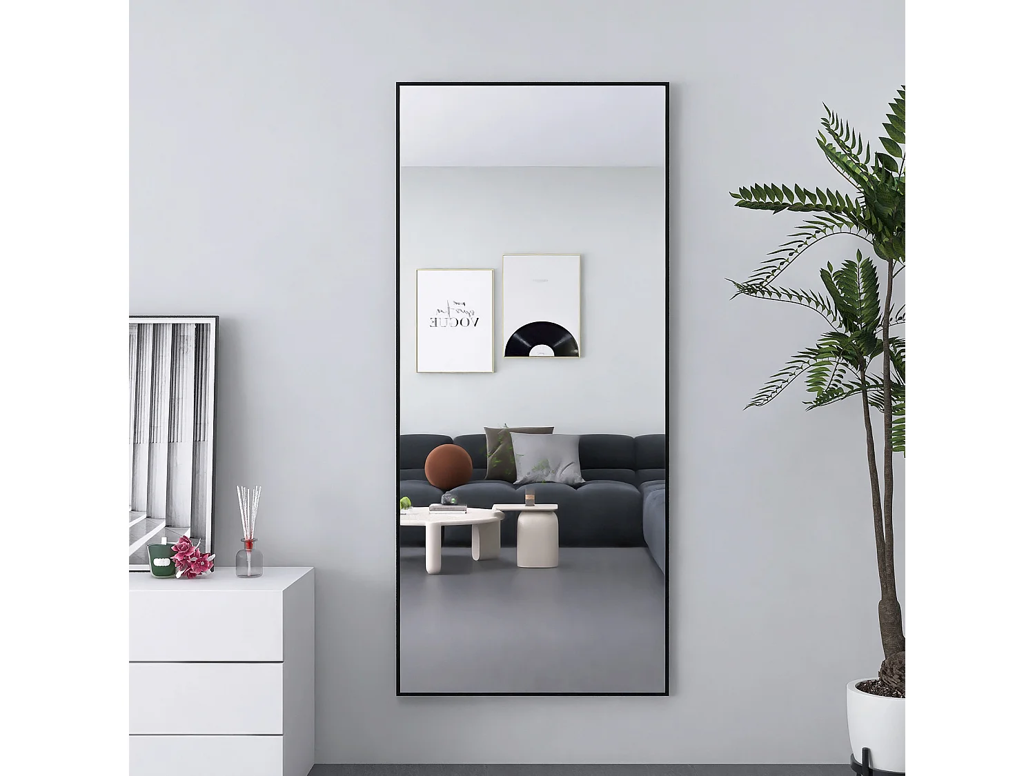 Lustro całkowite 180×80 cm czarna aluminiowa rama, styl Art Déco, wiszące lub stojące, szkło hartowane bezpieczne 4923173